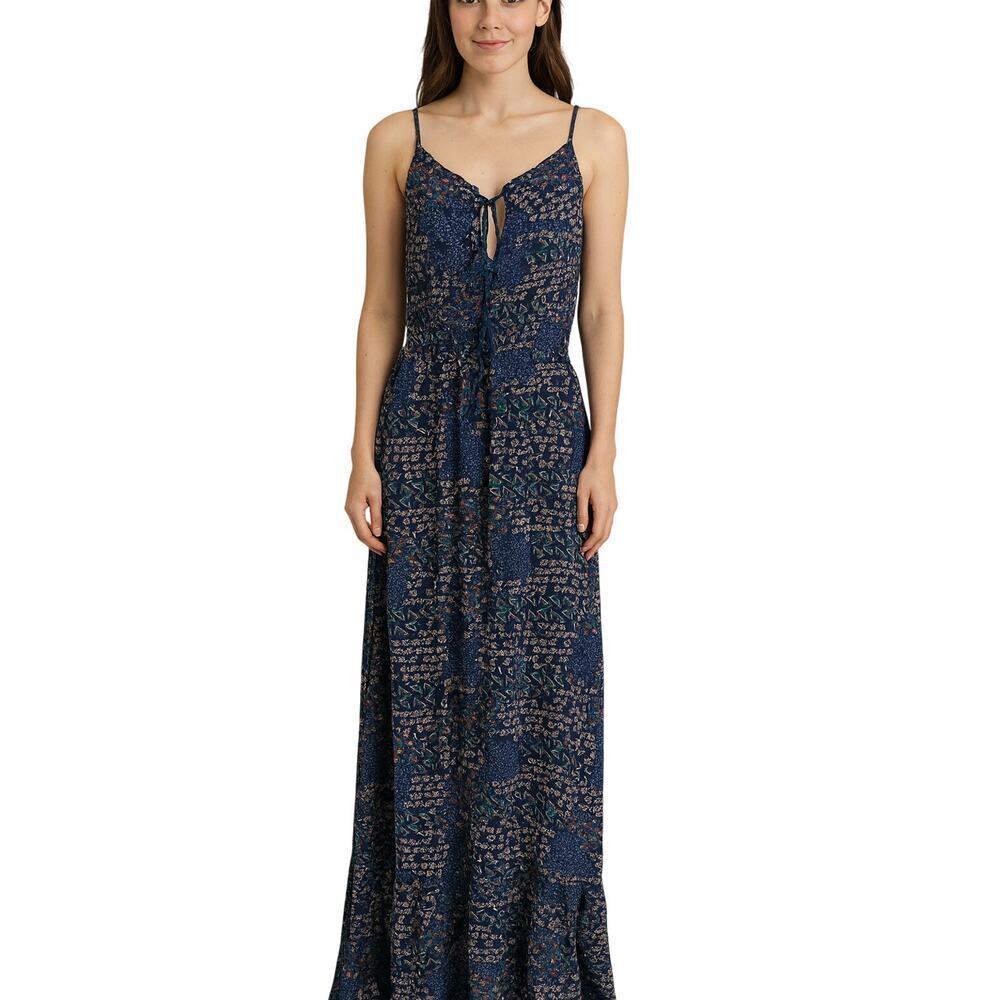 Blush sz L summer maxi dress blue Aztec comfy stretch key hole tie front EUC